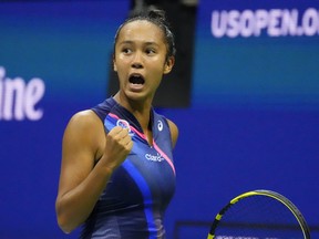 Canadian Leylah Fernandez reacts after winning a point against Aryna Sabalenka during their U.S. Open semifinal.