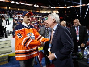 Ilya Konovalov reacts after being selected 85th overall by the Edmonton Oilers during the 2019 NHL Draft at Rogers Arena on June 22, 2019 in Vancouver.