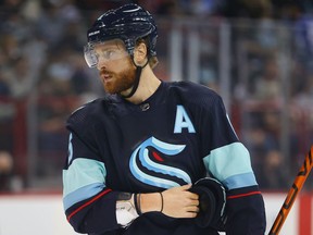 Adam Larsson #6 of the Seattle Kraken skates against the Vancouver Canucks during a preseason game at Spokane Veterans Memorial Arena on Sept. 26, 2021 in Spokane, Washington.