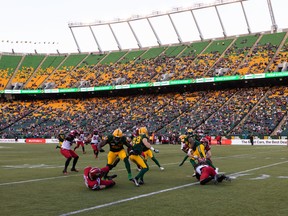 The Edmonton Elks battle the Calgary Stampeders at Commonwealth Stadium in Edmonton on Saturday, Sept. 11, 2021.