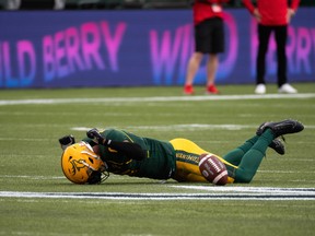 Edmonton Elks’ Jonathan Rose (0) reacts to a missed interception on the Calgary Stampeders during first half CFL football action at Commonwealth Stadium in Edmonton, on Saturday, Sept. 11, 2021.