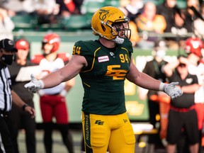 Edmonton Elks defensive tackle Jake Ceresna (94) reacts to a referee’s call as he plays the Calgary Stampeders at Commonwealth Stadium in Edmonton, on Saturday, Sept. 11, 2021.