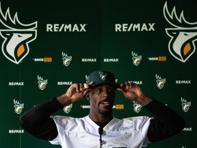 Edmonton Elks running back James Wilder Jr. (32) speaks to the media following a walk-through at Commonwealth Stadium ahead of the team’s Sept. 18th game against the Winnipeg Blue Bombers in Edmonton, on Friday, Sept. 17, 2021.