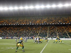 The Edmonton Elks battle the Winnipeg Blue Bombers at Commonwealth Stadium, in Edmonton on Sept. 18, 2021.