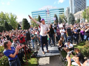 People's Party of Canada leader Maxime Bernier speaks to the crowd during a rally at Central Memorial Park in downtown Calgary on Saturday, September 18, 2021. Over 1000 attended the event where PPC leader Maxime Bernier spoke to the crowd.