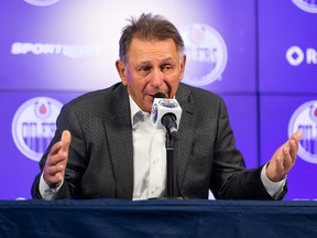 Edmonton Oilers general manager and president of hockey operations Ken Holland speaks during a press conference on Wednesday, Sept. 22, 2021., at Rogers Place.