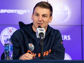 Edmonton Oilers forward Zach Hyman speaks during media interviews on the opening day of Edmonton Oilers Training Camp at Rogers Place in Edmonton, on Wednesday, Sept. 22, 2021.