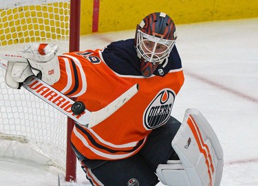 Edmonton Oiler goalie Mikko Koskinen makes a save during NHL pre-season game action against the Seattle Kraken in Edmonton on Tuesday September 28, 2021.