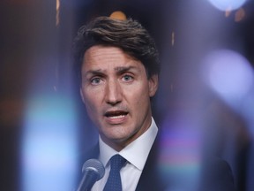 Prime Minister and Liberal Leader Justin Trudeau speaks to the media following the French-language leaders debate during the Canadian federal election campaign in Gatineau, Quebec on September 8, 2021.