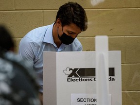 Liberal Leader Justin Trudeau casts his vote in the 2021 Canadian election in Montreal on Sept. 20, 2021.