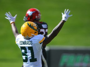 Edmonton Elks receiver Earnest Edwards celebrates after a touchdown against the Calgary Stampeders in Calgary on Monday, Sept. 6, 2021.