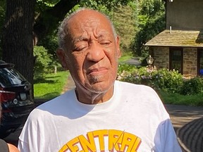 Bill Cosby speaks to reporters outside of his home on June 30, 2021 in Cheltenham, Pennsylvania. Bill Cosby was released from prison after court overturns his sex assault conviction.