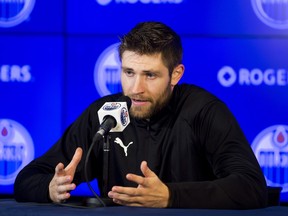 Leon Draisaitl speaks to the media after the Edmonton Oilers practice on Friday, Sept. 24, 2021 in Edmonton.