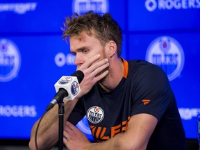 Connor McDavid speaks to the media after a training session at the Edmonton Oilers training camp on Thursday, Sept. 23, 2021 in Edmonton.