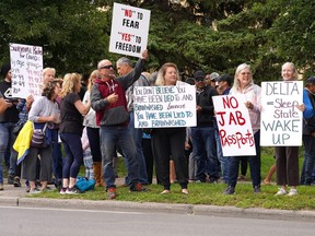 Hundreds of people came out to Foothills Hospital in Calgary to protest mandatory vaccines and vaccine passports on Wednesday, Sept. 1, 2021. Similar protests were seen in cities across the country.