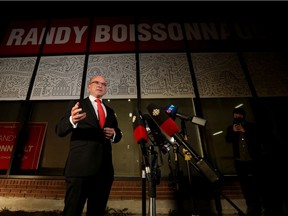 Edmonton Centre Liberal candidate Randy Boissonnault speaks to the media outside his campaign office, late Monday night Sept. 20, 2021. Photo by David Bloom