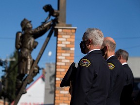 Edmonton Fire Rescue Services held a ceremony at the Firefighter’s Memorial Plaza on Friday, Sept. 11, 2020 in Edmonton to honour the active and retired members from Edmonton Fire Rescue Services who have passed away during the past year. The Edmonton Firefighters Memorial Society holds this remembrance service annually on a day that also marks the anniversary of the terrorist attacks on the World Trade Centre in New York, the single greatest loss of firefighters in history.Greg Southam-Postmedia