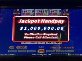 Video poker screen that reads “Jackpot Handpay: $1,000,000. Verification required, please call attendant.”