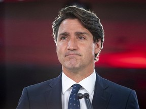 Justin Trudeau speaks to supporters at Liberal Party headquarters in Montreal on election night. PHOTO BY JOHN MAHONEY /Montreal Gazette