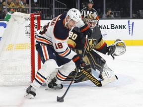 Vegas Golden Knights goalie Robin Lehner tracks Edmonton Oilers forward Zach Hyman on Oct. 22, 2021, at T-Mobile Arena in Las Vegas.