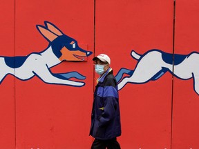 A pedestrian wearing a face mask to protect against COVID-19, makes their way past a mural on construction hoarding titled Kachin Running by Roger Garcia, in Edmonton's Sir Winston Churchill Square, Wednesday July 21, 2021. Photo by David Bloom