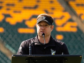 General manager and vice-president of football operations Brock Sunderland speaks to the media at the end of Edmonton Elks training camp at Commonwealth Stadium in Edmonton on July 29, 2021.