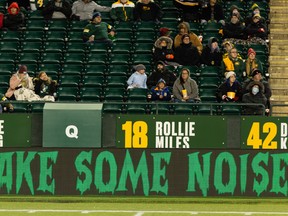 Edmonton Elks fans brave the cold as the team plays the Hamilton Tiger-Cats at Commonwealth Stadium in Edmonton on Friday, Oct. 29, 2021.