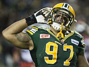 Edmonton's Eddie Steele pumps up the crowd during the Canadian Football League West Division final between the against the Calgary Stampeders at Commonwealth Stadium in Edmonton on Nov. 22, 2015.