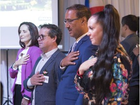 From left, Cheryll Watson Michael Oshry, Amarjeet Sohi and Diana Steele participate in a mayoral forum.