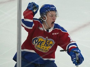 Edmonton Oil King Jacob Boucher celebrates after scoring in the second period during Western Hockey League game action against the Red Deer Rebels in Edmonton on Friday, Oct. 1, 2021.