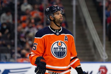 Edmonton Oilers' Darnell Nurse (25) is seen as the team plays the Calgary Flames during second period preseason NHL action at Rogers Place in Edmonton, on Monday, Oct. 4, 2021.
