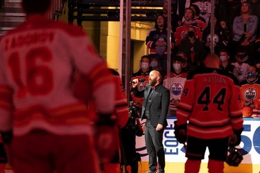 Edmonton Oilers anthem singer Robert Clark sings the national anthem before the first period of a preseason NHL game versus the Calgary Flames at Rogers Place in Edmonton, on Monday, Oct. 4, 2021.