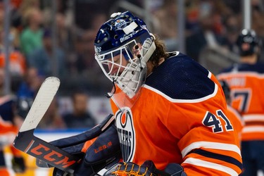 Edmonton Oilers' goaltender Mike Smith (41) is seen during the second period as he plays the Vancouver Canucks during preseason NHL action at Rogers Place in Edmonton, on Thursday, Oct. 7, 2021.