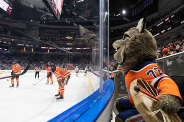 Edmonton Oilers mascot Hunter riles up the Vancouver Canucks during the first period of preseason NHL action at Rogers Place in Edmonton, on Thursday, Oct. 7, 2021.