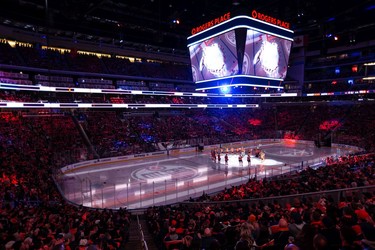 The Edmonton Oilers are introduced before their NHL season opening game versus the Vancouver Canucks at Rogers Place in Edmonton, on Wednesday, Oct. 13, 2021.