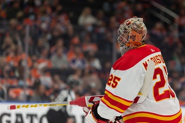 Calgary Flames goaltender Jacob Markstrom (25) is seen during first period NHL action versus the Edmonton Oilers at Rogers Place in Edmonton, on Saturday, Oct. 16, 2021.