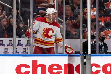 Calgary Flames Milan Lucic (17) protests a penalty during second period NHL action versus the Edmonton Oilers at Rogers Place in Edmonton, on Saturday, Oct. 16, 2021.