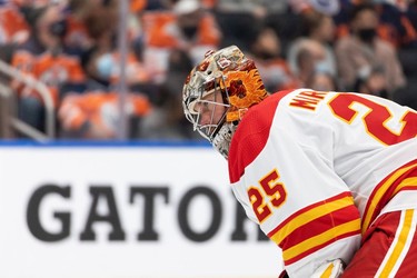 Calgary Flames goaltender Jacob Markstrom (25) is seen during first period NHL action versus the Edmonton Oilers at Rogers Place in Edmonton, on Saturday, Oct. 16, 2021.