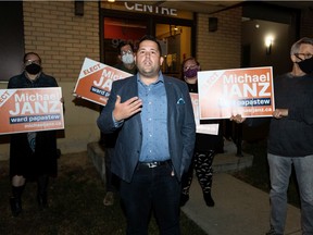 Michael Janz speaks outside the Sentinel Business Centre at 9920 63 Ave. N.W., after leading the city councillor race for Edmonton's Ward papastew in Edmonton, on Monday, Oct. 18, 2021.