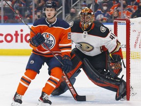 Edmonton Oilers forward Kailer Yamamoto (56) and Anaheim Ducks goaltender Anthony Stolarz (41) follow the play during the first period at Rogers Place.