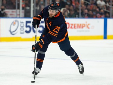 Edmonton Oilers' Leon Draisaitl (29) fires on Philadelphia Flyers' goaltender Carter Hart (79) during first period NHL action at Rogers Place in Edmonton, on Wednesday, Oct. 27, 2021.