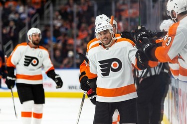 Philadelphia Flyers' Cam Atkinson (89) celebrates a goal on Edmonton Oilers' goaltender Mikko Koskinen (19) during third period NHL action at Rogers Place in Edmonton, on Wednesday, Oct. 27, 2021.