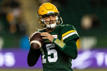 Edmonton Elks' quarterback Taylor Cornelius (15) warms up to play the Hamilton Tiger-Cats during first half CFL action at Commonwealth Stadium in Edmonton, on Friday, Oct. 29, 2021.