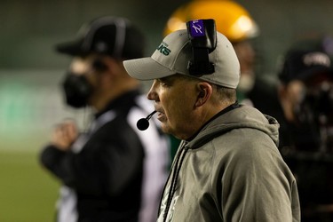 Edmonton Elks' head coach/offensive co-ordinator/quarterbacks coach Jaime Elizondo calls plays against the Hamilton Tiger-Cats during first half CFL action at Commonwealth Stadium in Edmonton, on Friday, Oct. 29, 2021.