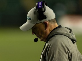 Edmonton Elks' head coach/offensive co-ordinator/quarterbacks coach Jaime Elizondo is seen as the team plays the Hamilton Tiger-Cats during second half CFL action at Commonwealth Stadium in Edmonton, on Friday, Oct. 29, 2021.