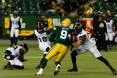 Hamilton Tiger-Cats' Taylor Bertolet (18) kicks a field goal on the Edmonton Elks during second half CFL action at Commonwealth Stadium in Edmonton, on Friday, Oct. 29, 2021.