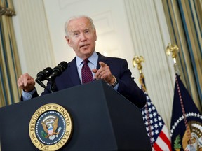 U.S. President Joe Biden delivers remarks on the U.S. debt ceiling from the State Dining Room at the White House in Washington, D.C. Oct. 4, 2021.