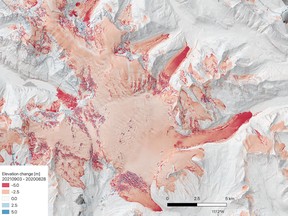 An aerial view of elevation change of the Columbia Icefields revealed by laser altimetry. The deep red grooves on the right indicate the thinning termini of the Athabasca, top, and Saskatchewan, bottom, glaciers.