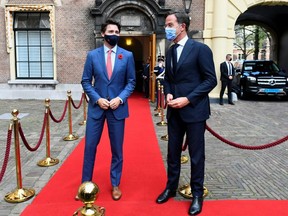 Dutch Prime Minister Mark Rutte receives Canadian Prime Minister Justin Trudeau in The Hague, Netherlands, Friday, Oct. 29, 2021.