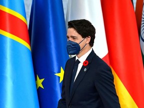 Canadian Prime Minister Justin Trudeau arrives for the G20 of World Leaders Summit on October 30, 2021 at the convention center "La Nuvola" in the EUR district of Rome.